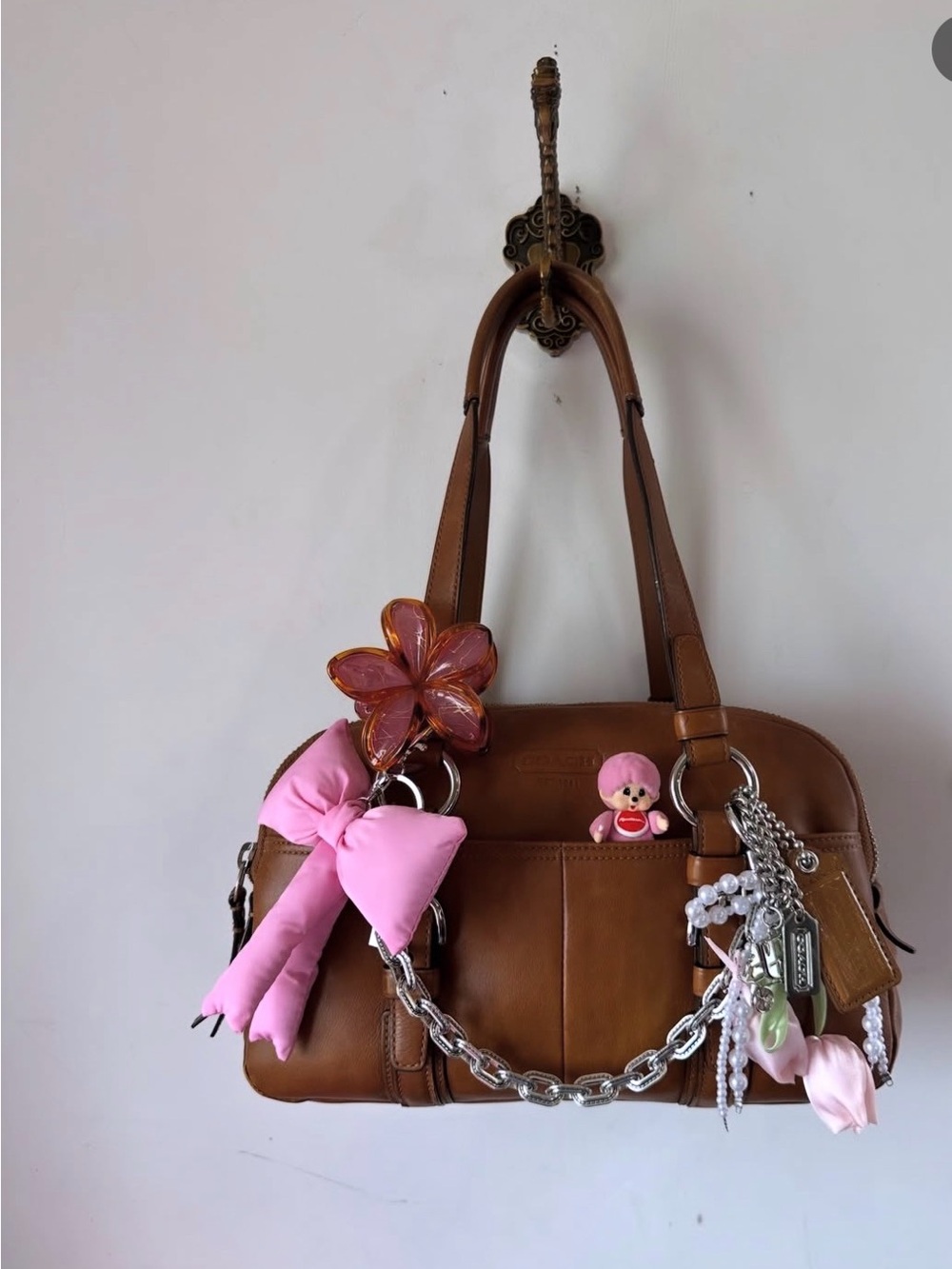 Coach Brown Bonnie Leather Shoulder Bag with Pink Charm Accents